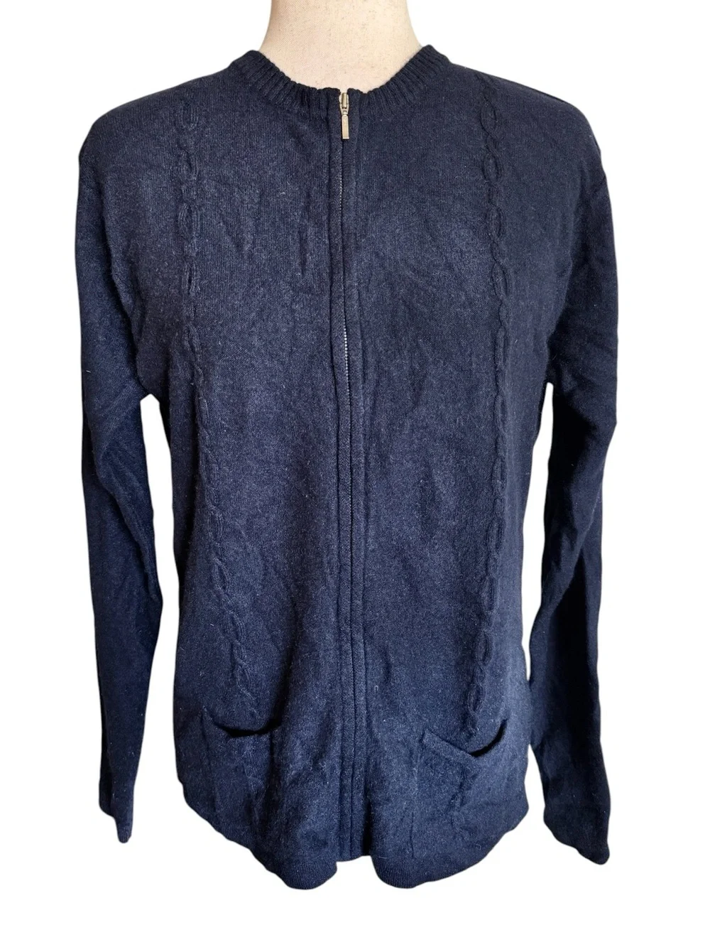 Lord & Taylor Navy Zip-Front Cashmere Cardigan Sweater